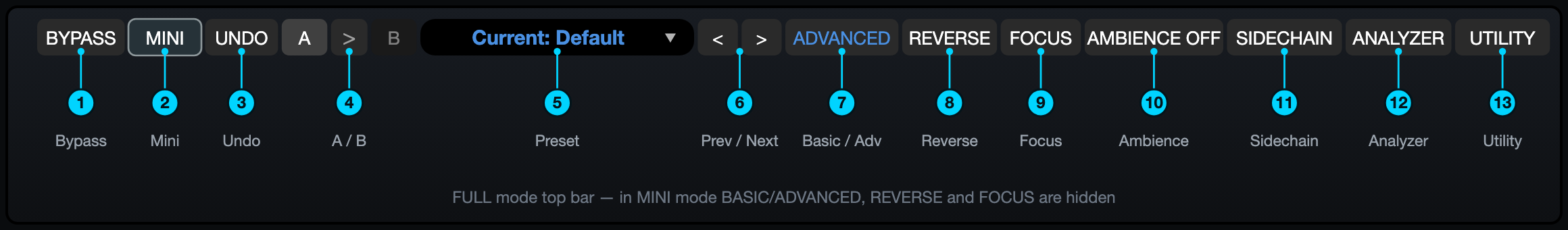 The top bar in full mode. In Mini Mode the BASIC/ADVANCED, REVERSE and FOCUS buttons are hidden.