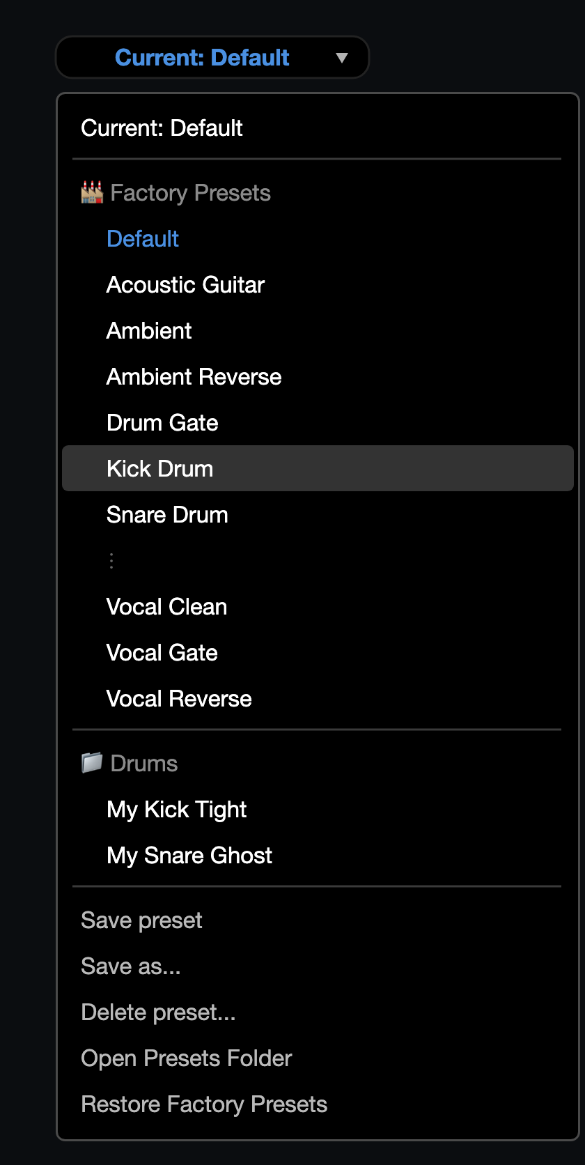 The preset menu: the loaded preset, the factory presets, your own presets in category folders, and the save, delete and folder commands.