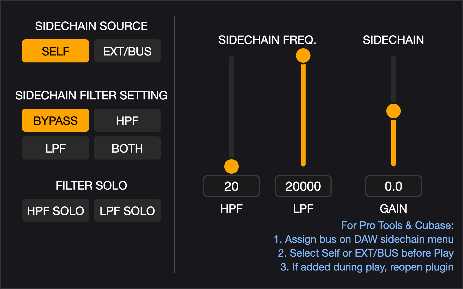 The Sidechain panel: key source (SELF or EXT/BUS), key filter setting, filter solo, and the HPF, LPF and GAIN sliders.