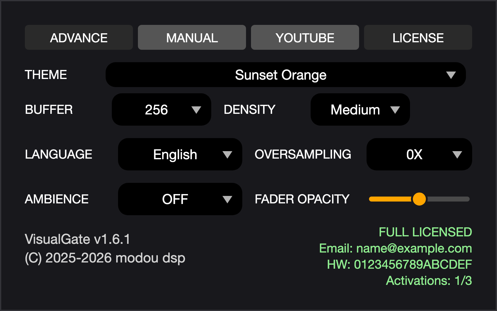 The Utility panel: ADVANCED ONLY, MANUAL, YOUTUBE and LICENSE buttons, THEME, BUFFER, DENSITY, LANGUAGE, OVERSAMPLING, AMBIENCE and FADER OPACITY.