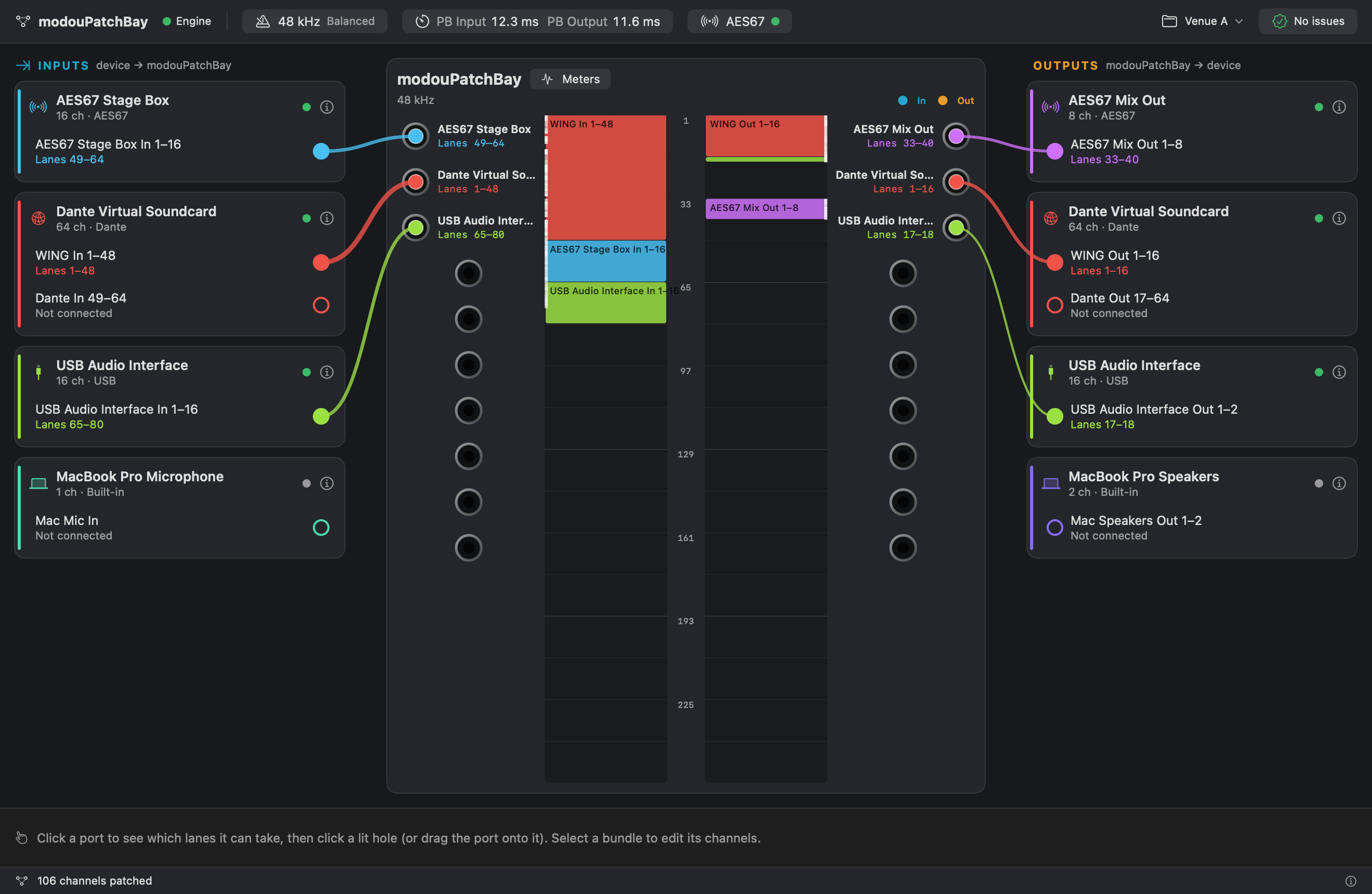 The modouPatchBay window with an example session: a Dante console, an AES67 stage box and a USB interface patched to input lanes on the left; lanes 1–16, 17–18 and 33–40 patched out to devices on the right. A capture of the app itself; the devices and figures are an example.