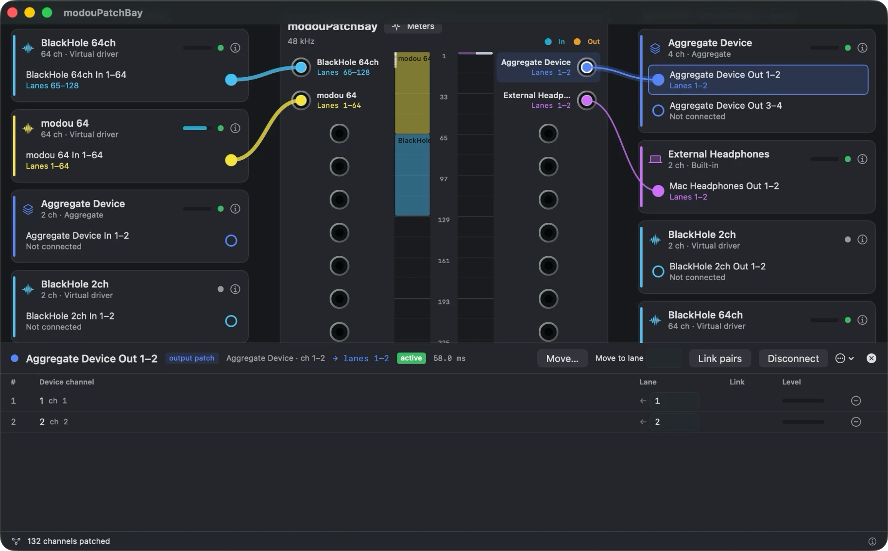 One output multicast to two devices: Aggregate Device Out 1–2 and Mac Headphones Out 1–2 both take lanes 1–2. The drawer shows the selected bundle, and the output lane strip shows the two side by side.