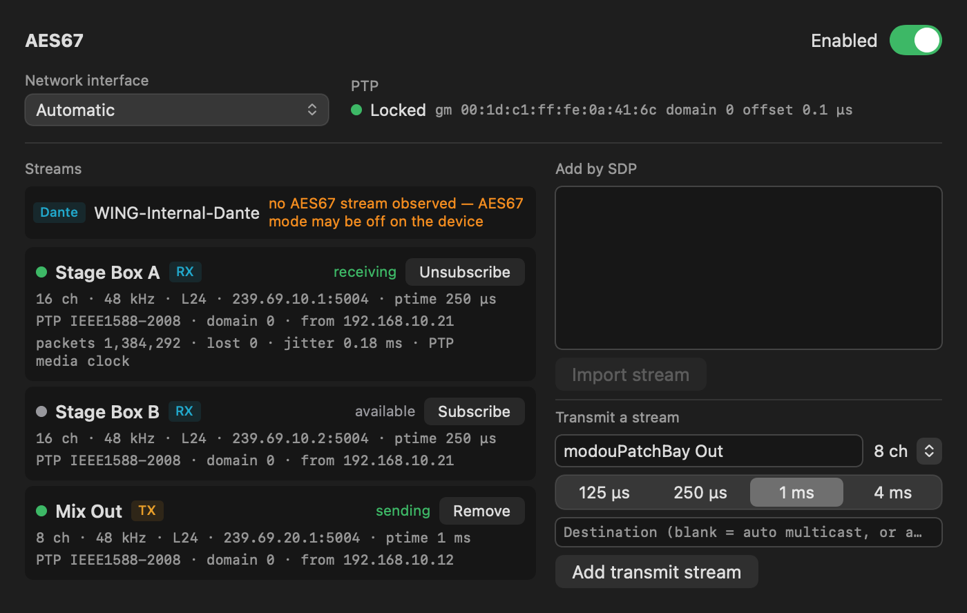 The AES67 panel: network interface and PTP state, a Dante device seen on the network, the streams with their state, Add by SDP, and Transmit a stream.