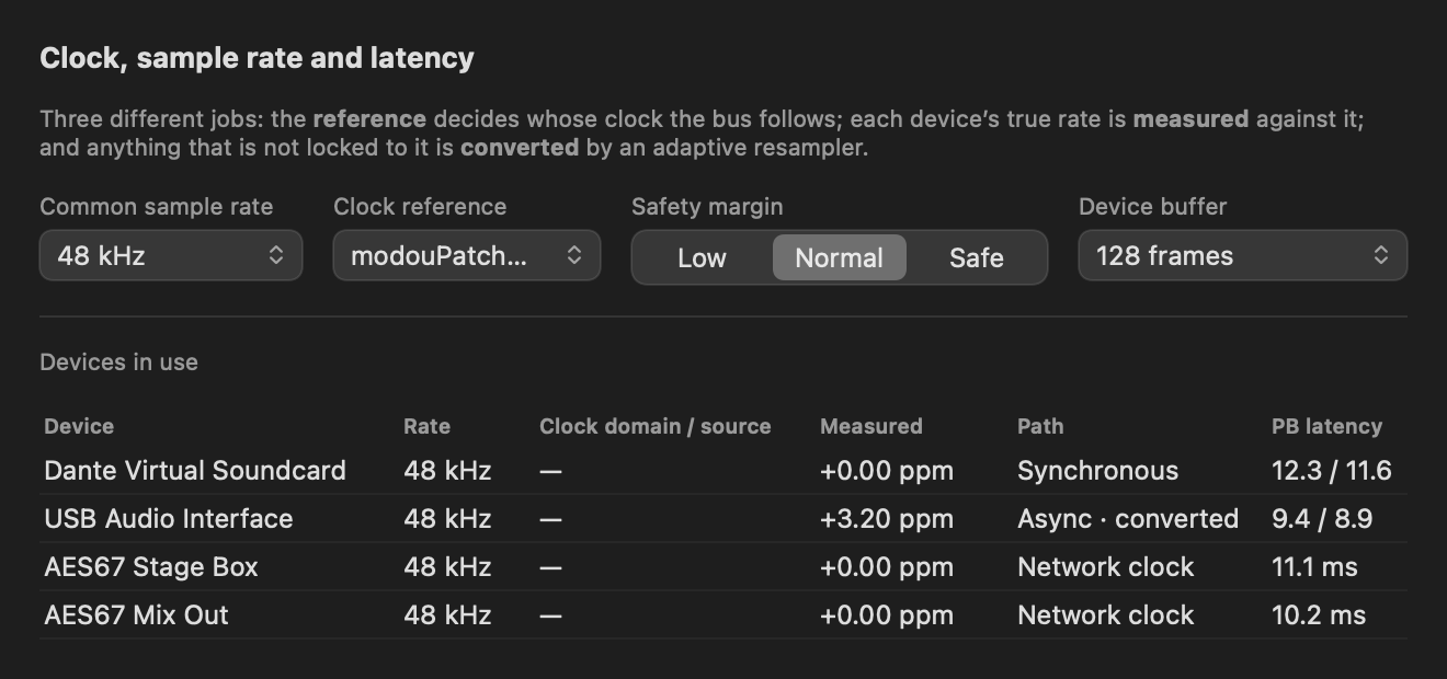 The Clock panel: common sample rate, clock reference, safety margin and device buffer, and the devices in use with their measured rate and how they relate to the bus.