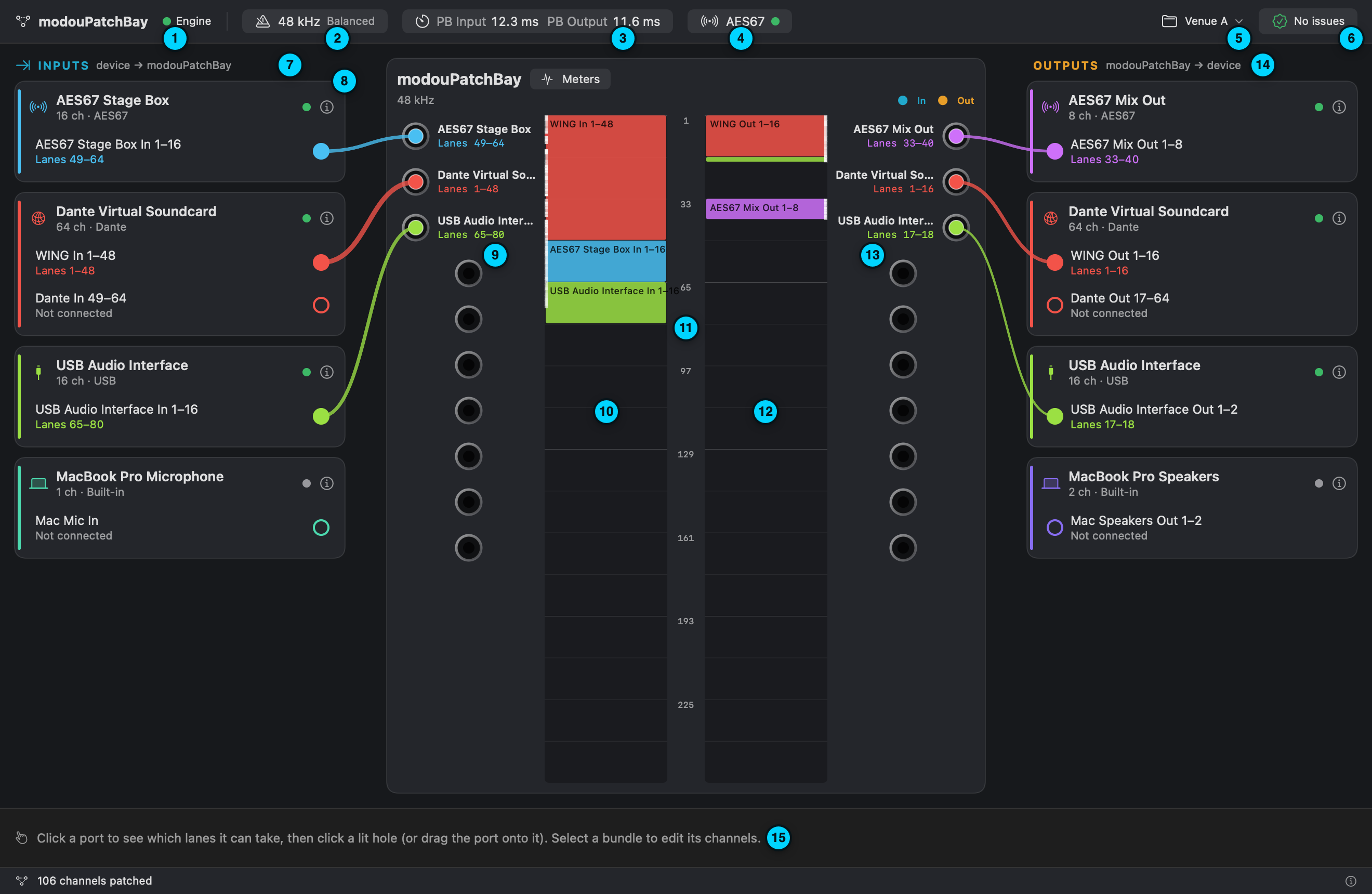 The window: ① engine state ② clock chip ③ PB latency chip ④ AES67 chip ⑤ session menu ⑥ Issues ⑦ INPUTS ⑧ a device card ⑨ input jack field ⑩ input lane strip ⑪ lane ruler ⑫ output lane strip ⑬ output jack field ⑭ OUTPUTS ⑮ detail drawer.